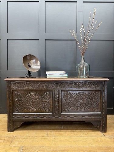 Antique oak coffer carved - coffer,